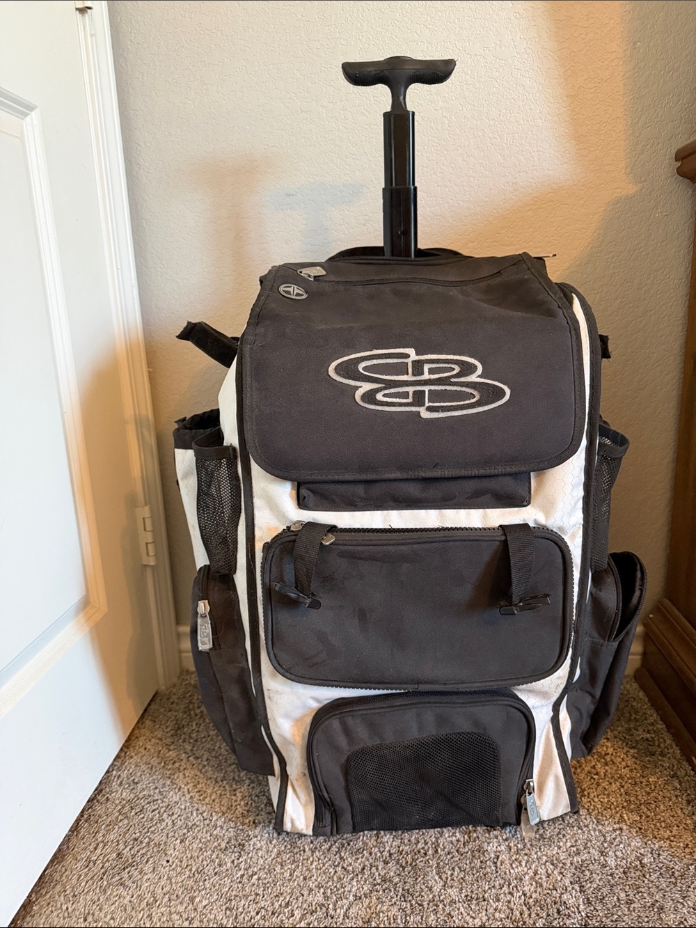 Black and white boombah softball bag